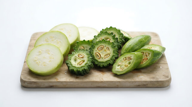 Sliced bitter gourd and bottle gourd on a wooden cutting board