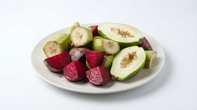 Sliced fresh papaya banana and beetroot pieces on a white plate