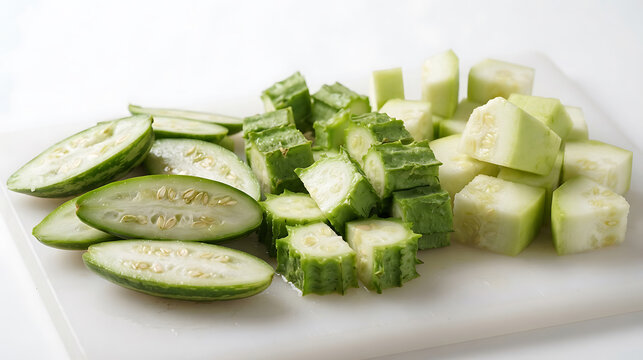 Fresh sliced ridge gourd and bottle gourd on a white cutting board