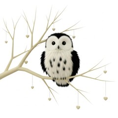 Obraz premium Cute fluffy owl sitting on branch with hanging hearts