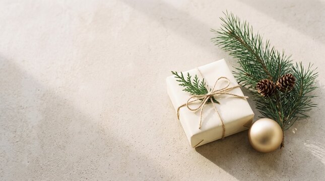 Wrapped holiday present decorated with twine alongside pine branches and golden ball ornament