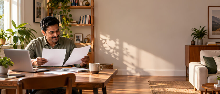 Bearded man in an olive shirt comparing documents beside a laptop and mug at a wooden desk in a sunlit home office, with books, leafy plants and a sofa nearby and ample wall copy space on the right