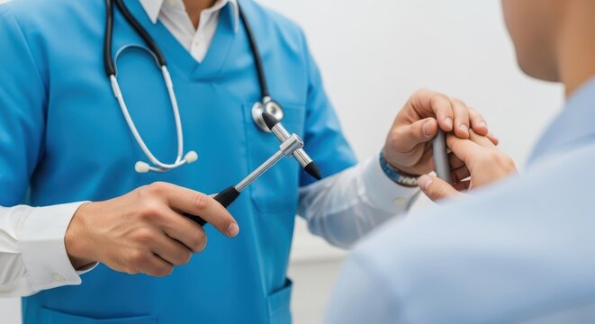 Orthopedic doctor performing reflex test on a patient's knee during a medical examination