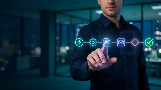 Business Executive Interacting with Digital Workflow Automation and Process Flowchart Hologram
