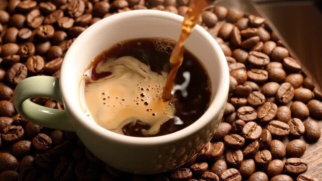 Brewed coffee in a geyser coffee maker is poured into a coffee mug, top view, slow motion