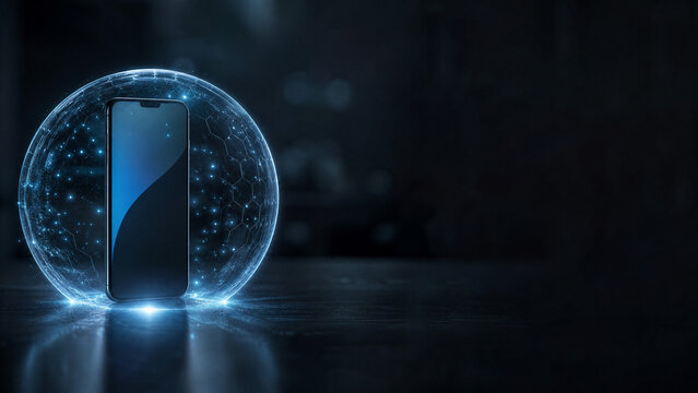 Modern smartphone protected by glowing digital network sphere, concept of mobile cyber security and data privacy.