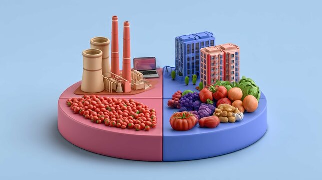 Conceptual illustration of food production and industrialization divided into two halves showcasing factories and fresh produce