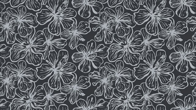 Seamless pattern with hand drawn hibiscus flowers in sketch style on dark background, floral wallpaper design