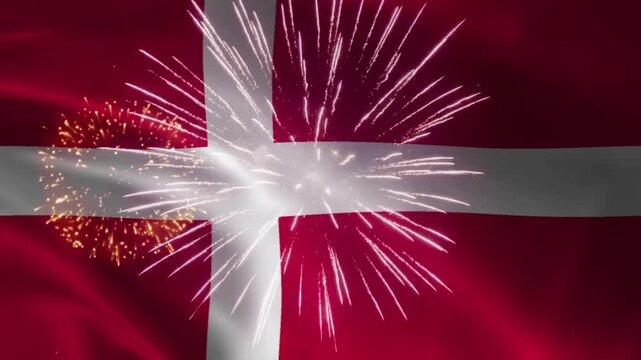  Denmark flag waving with white Nordic cross on red as fireworks burst behind, seamless loop realistic fabric cloth animation on dark night sky background, patriotic celebration wallpaper