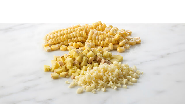 Fresh corn kernels ginger and minced garlic on a white marble surface