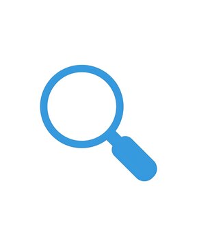 Blue magnifying glass icon, search and zoom symbol isolated on white background