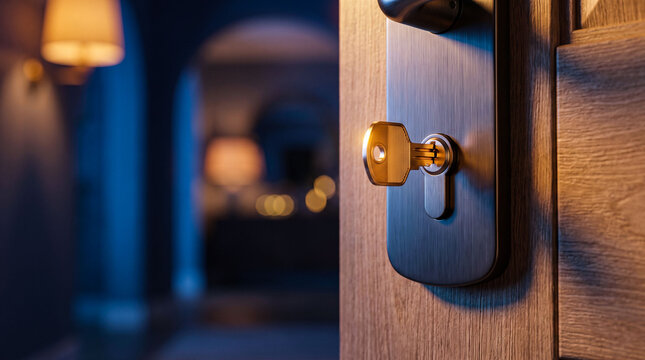 Close up of brass key inserted in metal lock of wooden door opening into dim cozy corridor with warm lamp light creating sense of home safety and security.