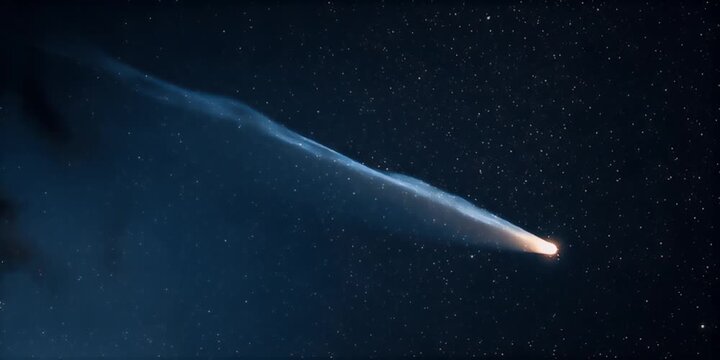 A bright object streaks across the star-filled night sky, leaving a luminous trail