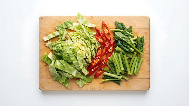 Fresh sliced cabbage and vegetables on a wooden cutting board