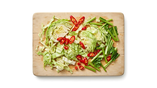 Fresh chopped cabbage and red chili peppers on a wooden cutting board