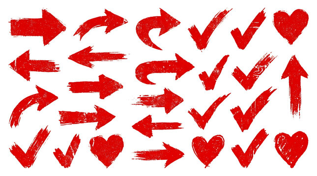 Set of hand drawn red arrows check marks and heart shapes isolated elements for design