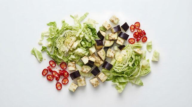 Chopped cabbage eggplant and chili slices arranged on a white