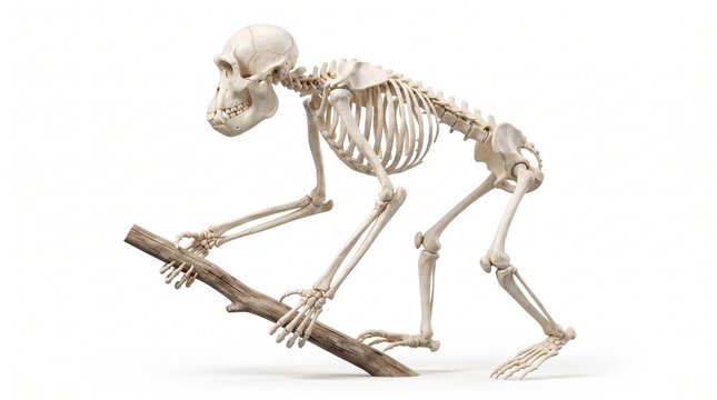 Bornean Orangutan Skeleton showing the primate bone structure and skeletal system leaning on a wooden branch.