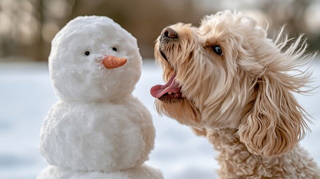 Funny dog barking at unbothered snowman in snowy yard, pet photo