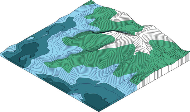 Isometric topographic map illustration showing terrain contours, elevation lines, and geographical landscape data