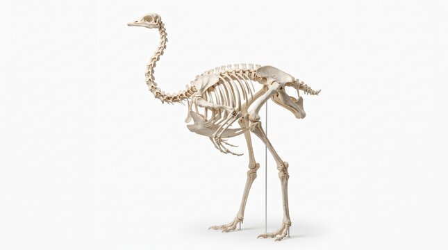 Somali Ostrich skeleton stands on a white background with a support rod, displaying bird anatomical bone structure.