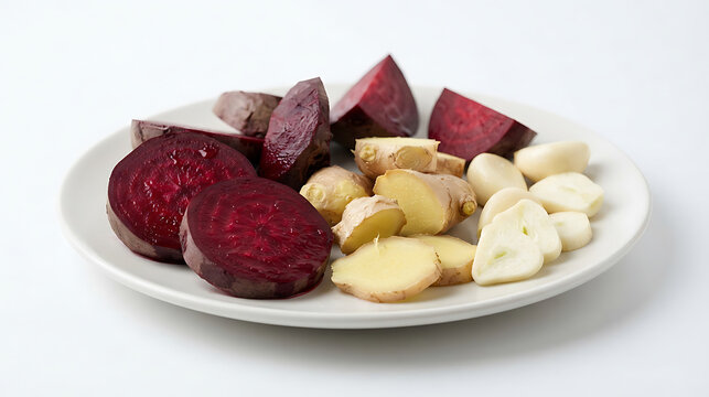 Sliced beetroot ginger and garlic cloves on a white plate