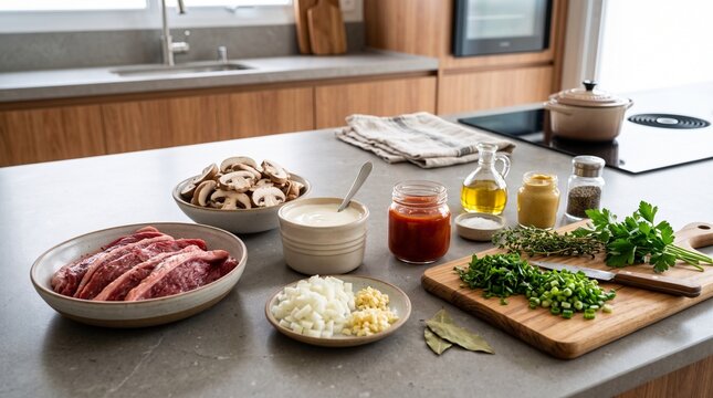 Fresh ingredients for Brazilian beef stroganoff, sliced beef, mushrooms, onions, cream, tomato sauce and fresh herbs, modern kitchen counter