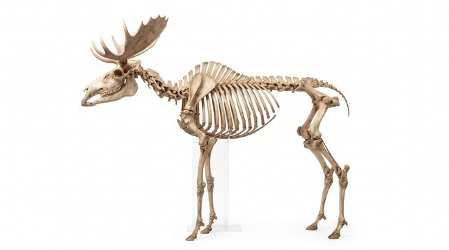 Moose skeleton with prominent antlers stands isolated on a white background for anatomical study.