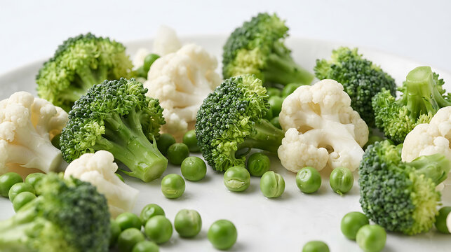 Fresh broccoli cauliflower and green peas on a white plate