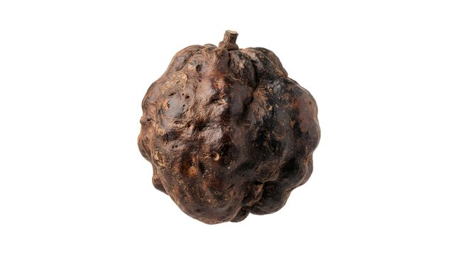 Detarium senegalense fruit isolated on white background, studio shot of a dark brown woody tropical fruit with textured surface and round shape