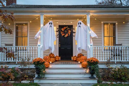 Halloween decorated front porch with hanging white ghost figures and pumpkins