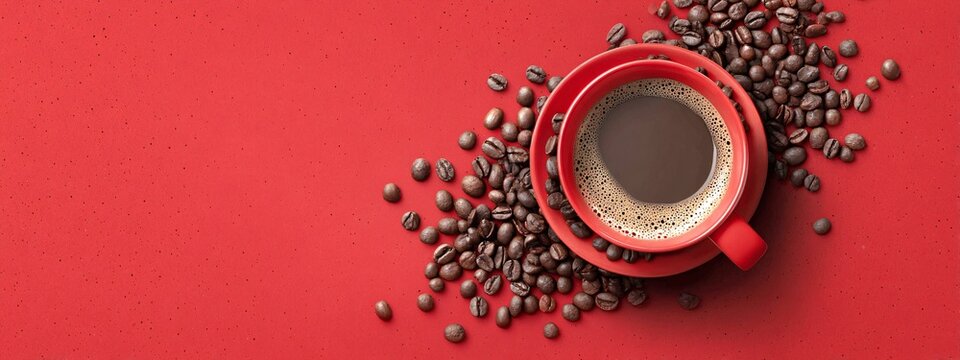Top Down View Glass of Black Coffee on Saucer Surrounded by Roasted Coffee Beans with Copy Space