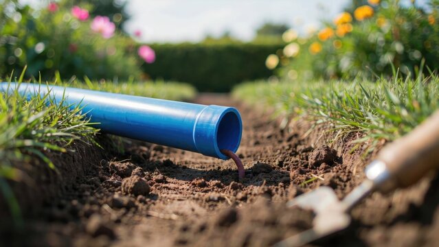 Blue pvc pipe laid in a garden trench with a hand trowel nearby