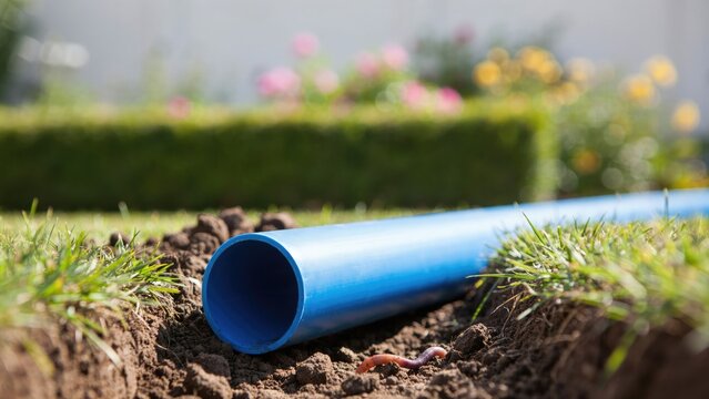 Blue plastic pipe laid in a narrow trench in a garden lawn
