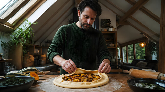 Man carefully folding pie crust edges on wooden table surrounded by ingredients cozy kitchen setting natural light wooden beams skylights