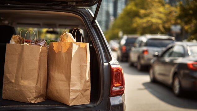  Shopping bags in open car trunk at dusk