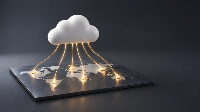 Content delivery network framework showing cloud connecting to global map representing international data synchronization