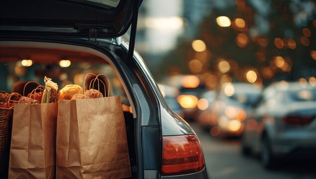  Shopping bags in open car trunk at dusk