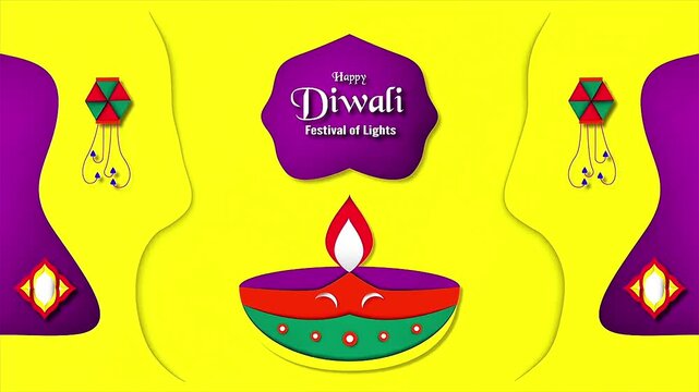 Happy Diwali festival of lights invitation greeting banner animation with hanging oil lamp diya paper lantern kite decorations yellow background copy space.