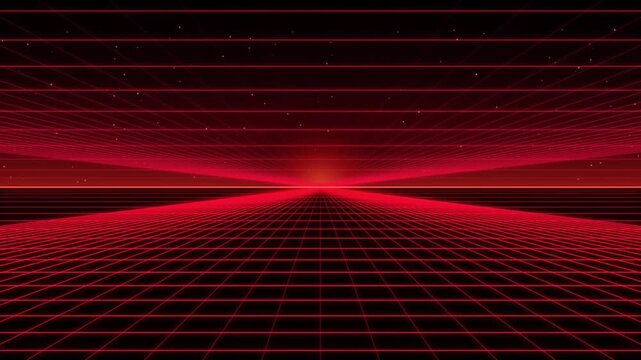 Retro 80s style red digital landscape with glowing grid lines and starry sky