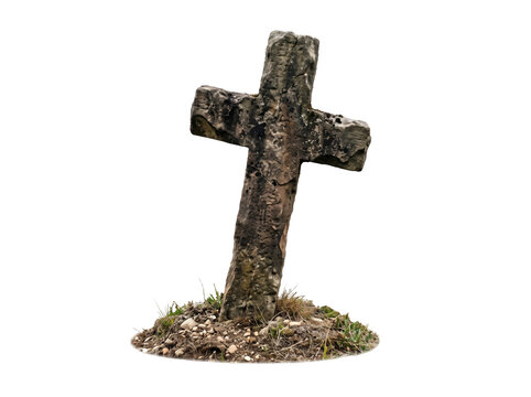 Weathered Christian cross standing on a small grave mound, isolated on transparent background, symbolizing faith, remembrance, death, resurrection, hope, and eternal life.