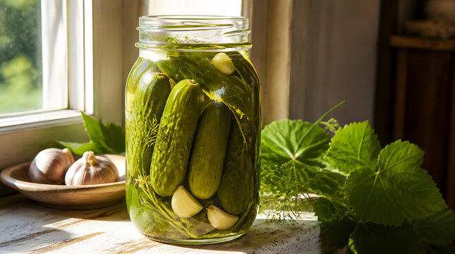 Mason jar filled pickled cucumbers garlic cloves herbs domestic kitchen sunlight