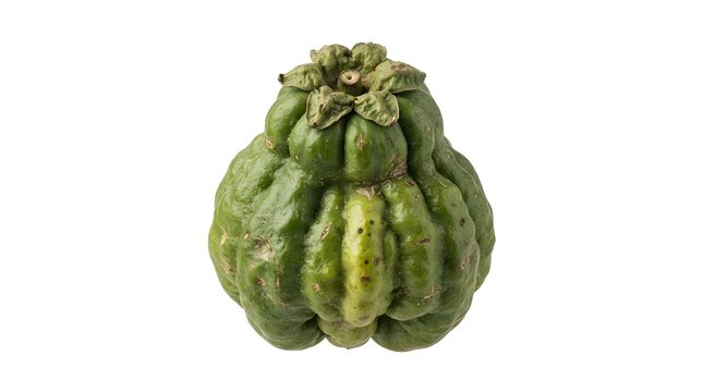 Single fresh green Cambuci fruit isolated on white background, Campomanesia phaea, exotic Brazilian fruit with unique ribbed shape, studio shot