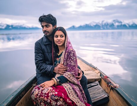 Indian couple embracing on boat, enjoying lake view
