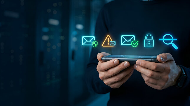 Cybersecurity Professional Holding Smartphone with Email Security and Threat Protection Holograms
