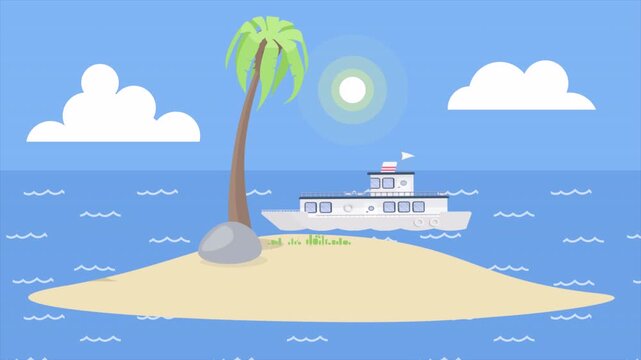 Tropical island with palm tree ship and bright sun