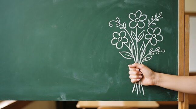 Chalk drawing of a flower bouquet on a green school chalkboard background with a hand holding the stems