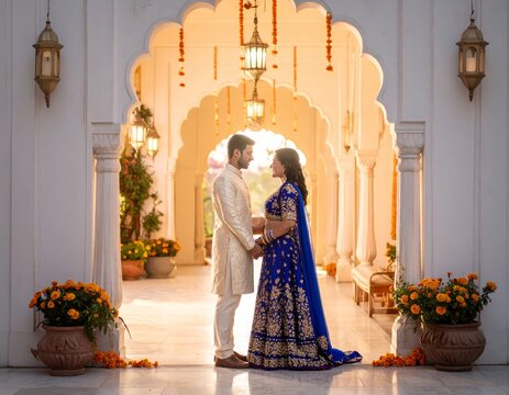 Indian couple celebrating wedding in traditional attire