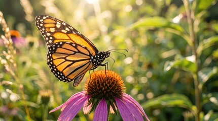 Obraz premium A close-up shot of sunlight streaming through the delicate, spotted wings of a butterfly resting on a wildflower in a natural garden, plant, wings, intricate