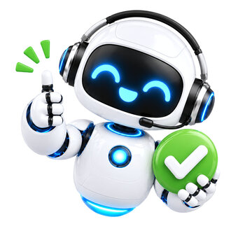Cute 3D Robot Assistant with Headset Giving Thumbs Up and Holding Green Check Mark for AI Approval, Quality Assurance and Customer Satisfaction Concepts. Isolated on Transparent Background.